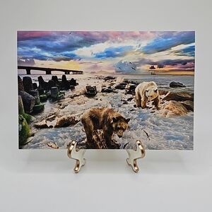 Bears Fishing Ocean Sky Landscape Fantasy‎ Composite Oil Painting Art Print